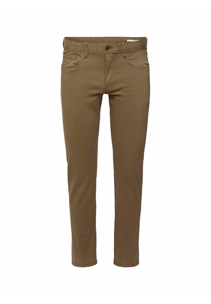 Bruine katoenen broeken met een slim fit, voorzien van een knoopsluiting, vijf zakken en een gladde textuur. Ondoorbroken stiksels accentueren het ontwerp.