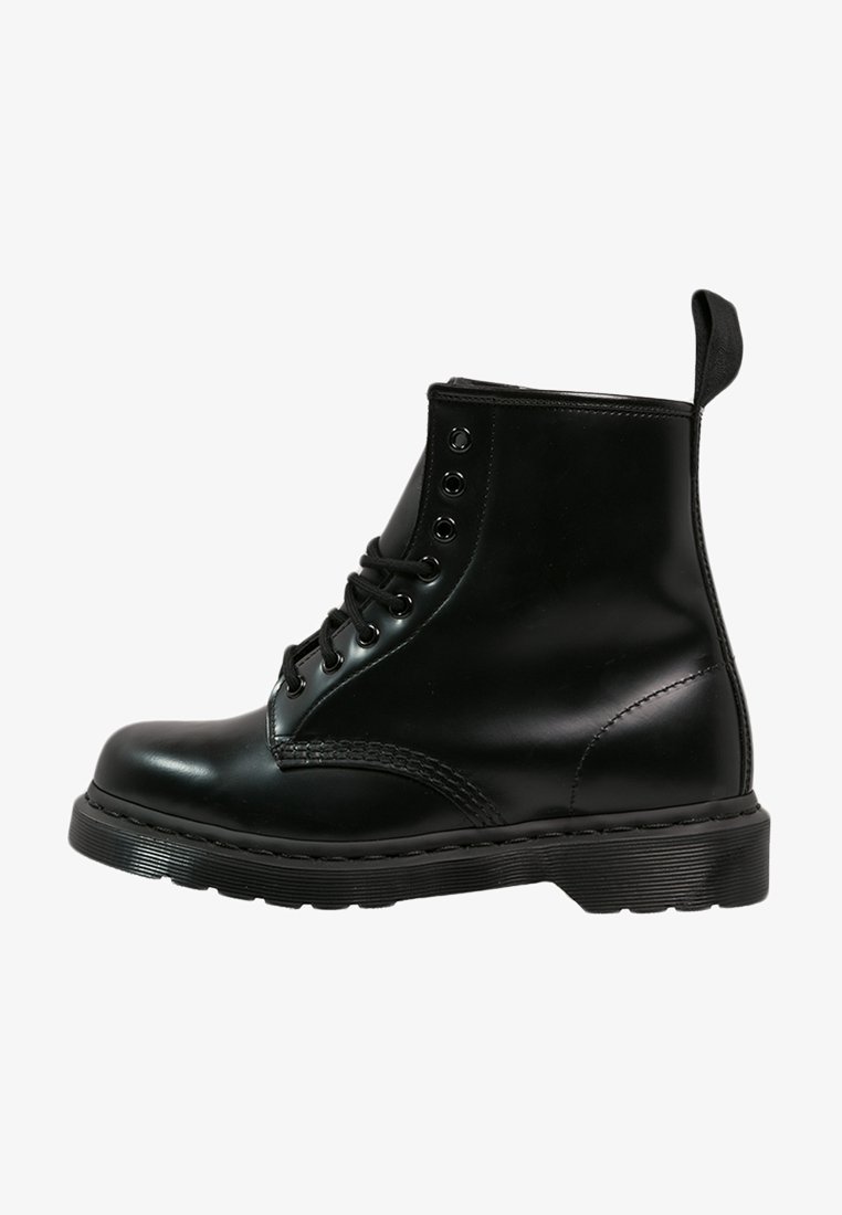 Black leather boot with rounded toe, lace-up design, six eyelets, and a textured rubber sole. Includes a pull tab at the back.