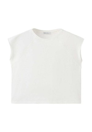 Top bianco corto senza maniche con scollo rotondo e cuciture raglan, mostrato disteso su sfondo bianco.