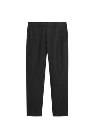 Sorte, lige bukser med bæltestropper, skjult frontlukning og lodrette sidelommer.