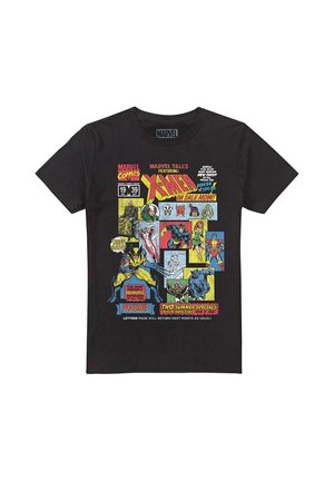 Black t-shirt with colorful vintage X-Men comic book cover featuring Wolverine and other superheroes in action poses and comic text.