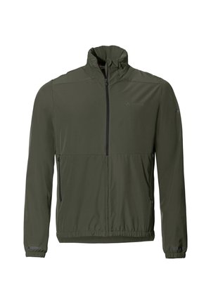 Leichtgewichtige olivgrüne Jacke mit hohem Kragen, Frontreißverschluss, Seitentaschen und elastischen Bündchen sowie Saum. Glattes, strapazierfähiges Material.