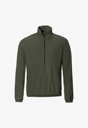 Leichtgewichtige olivgrüne Jacke mit hohem Kragen, Frontreißverschluss, Seitentaschen und elastischen Bündchen sowie Saum. Glattes, strapazierfähiges Material.