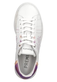 White leather sneaker with lavender and pink accents, round toe, flat laces, perforated detailing, and a logo on the tongue label.