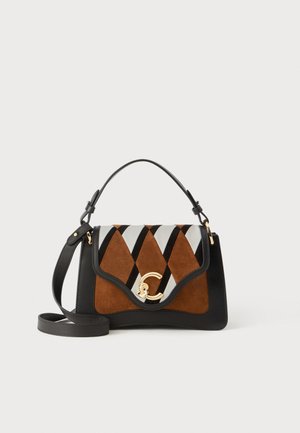 Handbag featuring a black leather base, patterned suede in brown and gray diamonds, and a gold clasp. Includes a detachable shoulder strap.