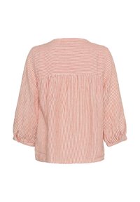 Striped blouse in light red and white, with a relaxed fit, three-quarter sleeves, and a gathered back for added texture and design.
