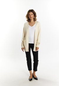 Cardigan deschis, de culoare bej deschis, cu două buzunare frontale, purtat cu un tricou alb cu decolteu în V și pantaloni negri scurți. Pantofi fără toc, cu vârf ascuțit, negri.