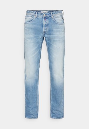 Helle blaue Jeans aus Denim mit geradem Schnitt, subtiler Ausbleichung und klassischem Fünf-Taschen-Design. Akzente in Silber.