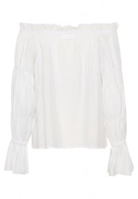 Balta off-shoulder blūze ar savilktu elastīgu kakla izgriezumu, garām pūkainām piedurknēm un izlocītām līdzpašām, izgatavota no viegla auduma.