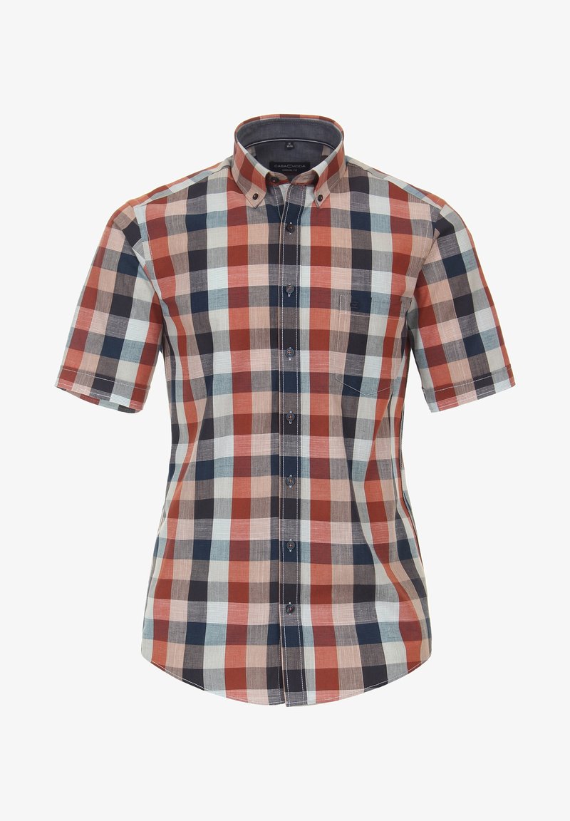 Krátký rukáv košile s knoflíky v kostkované vzoru se odstíny červené, modré, krémové a šedé barvy. Má límec a jednu náprsní kapsu.