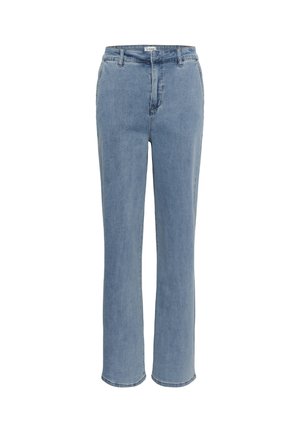 Jeans in denim azzurro chiaro a gamba dritta con passanti per cintura e chiusura frontale con cerniera su sfondo bianco.