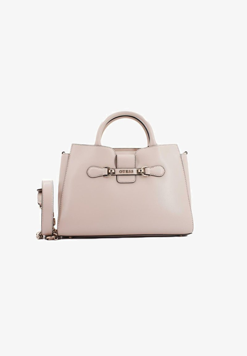 Borsa strutturata rosa blush con manici superiori, tracolla rimovibile e un dettaglio a fiocco. Presenta ferrature metalliche e dettaglio con logo.