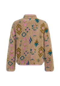 Beige fleece jacket with long sleeves, standing collar, and colorful turquoise, pink, and olive geometric patterns on the back.