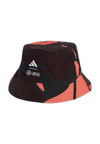 Black and coral bucket hat with abstract pattern, made of fabric. Features Adidas logo and Mercedes AMG Petronas Team branding.