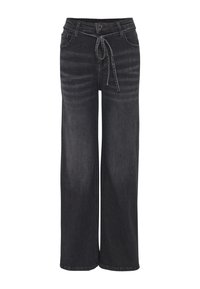 Jeans noirs à jambes larges avec ceinture à nouer, fermeture par boutons et poches avant, avec des détails subtilement délavés sur le haut des cuisses.