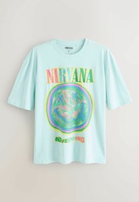 Tricou din bumbac verde mentă cu gât rotund și mâneci scurte. Prezintă un logo colorat Nirvana și un grafic cu fața zâmbitoare pe față.