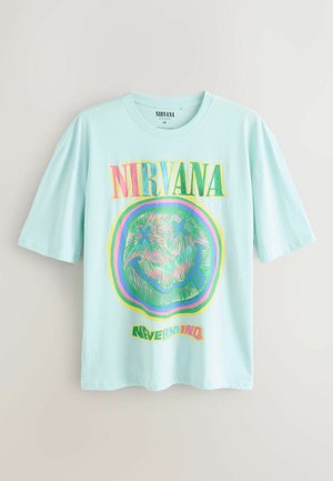 Miętowa bawełniana koszulka z okrągłym dekoltem i krótkimi rękawami. Na przodzie widnieje kolorowy logo Nirvana oraz grafika uśmiechniętej buźki.