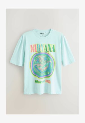 Miętowa bawełniana koszulka z okrągłym dekoltem i krótkimi rękawami. Na przodzie widnieje kolorowy logo Nirvana oraz grafika uśmiechniętej buźki.
