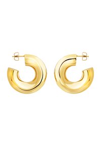 Zlaté kruhové náušnice s zakřiveným designem, s lesklým, odrazivým povrchem a zapínáním na tyčku. Každá náušnice má jedinečný tvar půlměsíce.