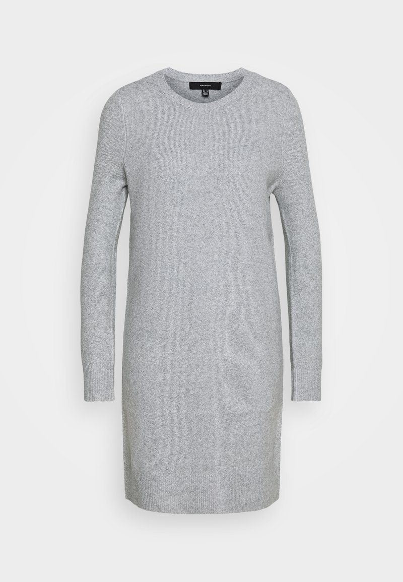 Robe-pull en laine grise avec col rond, manches longues et poignets côtelés. Présente une texture lisse et une silhouette droite.