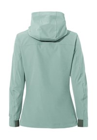 Light green waterproof jacket with a hood, fitted design, long sleeves, and elastic cuffs. Smooth texture with minimal detailing.