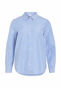 Sinivalkoraidallinen pitkähiha-paita, jossa nappikiinnitys edessä, kaareva helma ja klassinen kaulus; valmistettu kevyestä kankaasta.