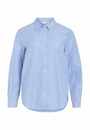 Niebiesko-biała koszula w paski z długim rękawem, z zapięciem na guziki z przodu, zaokrąglonym dołem i klasycznym kołnierzem; wykonana z lekkiej tkaniny.