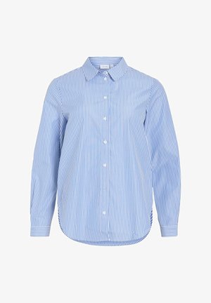 Blue and white striped long-sleeve shirt with a button-down front, curved hem, and a classic collar; made from lightweight fabric.