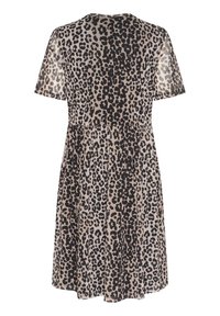 Leopard print dress with short, sheer sleeves, a fitted bodice, and flared skirt. Beige base with black spots, smooth texture.
