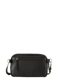 Borsa a tracolla in pelle nera con superficie testurizzata, tasca frontale con zip e tracolla regolabile. Forma rettangolare compatta. Accenti in metallo argentato.