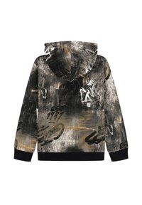 Felpa con cappuccio caratterizzata da un motivo astratto e testurizzato in nero, grigio e oro, con grafiche stampate e polsini a costine.