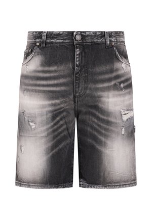 Zwart en grijs vervaagde denim shorts met versleten details en een stijl met vijf zakken, knoopsluiting en riemlussen.