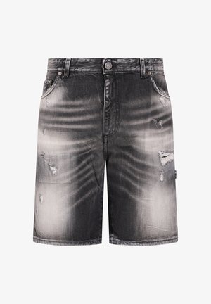 Czarne i szaro-płowiałe szorty jeansowe z przetarciami, w stylu z pięcioma kieszeniami, zapięciem na guziki i szlufkami na pasek.