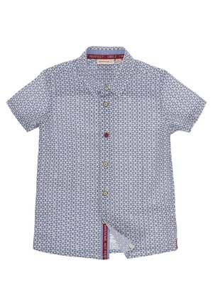 Kurzarm-Hemd zum Knöpfen in Blau und Weiß mit einem Blattmuster, versehen mit kontrastierenden Knöpfen und einem Etikett mit der Aufschrift "AWESOME NOT PERFECT."