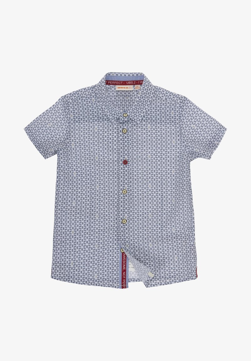 Chemise à manches courtes à boutons en bleu et blanc avec un motif de feuilles, dotée de boutons contrastants et d'une étiquette "GÉNIAL, PAS PARFAIT".