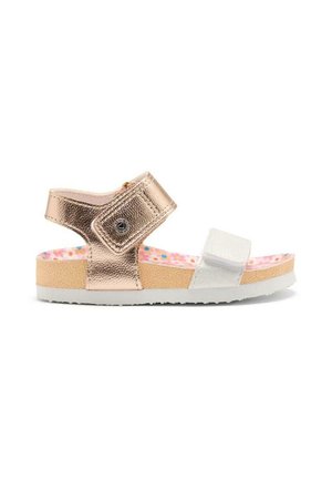 Sandali in velcro metallici color oro rosa e bianchi con una suola interna testurizzata e un motivo floreale colorato. Suola in gomma leggera per una buona aderenza.