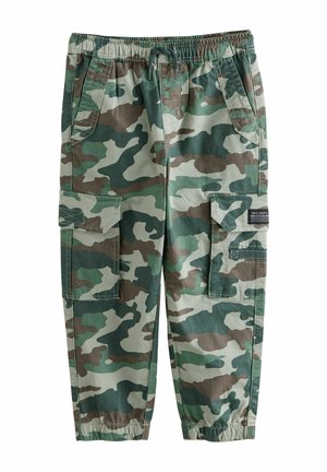 Pantalons cargo camouflage en vert, marron et beige. Dotés d'une taille élastique, de multiples poches cargo et de chevilles resserrées.
