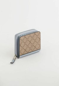 Zip-around wallet in beige and light blue. Features geometric pattern on textured fabric, with smooth leather accents and silver hardware.