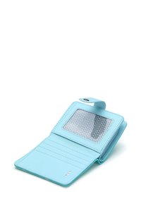 Light blue wallet made of smooth leather with a transparent ID window, multiple card slots, and subtle zigzag pattern inside.