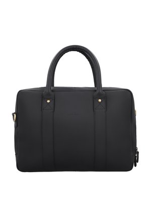 Schwarze Lederaktentasche mit zwei Griffen, goldfarbenen Beschlägen und einem Reißverschlussfach, für den professionellen Gebrauch entworfen.