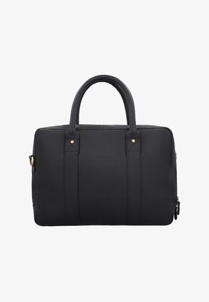 Black leather briefcase with two handles, gold-tone hardware, and a zippered compartment, designed for professional use.