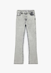 Grijze denim flared jeans met een vervaagd uiterlijk, vijf-pocket ontwerp en zichtbare stiksels. Bevat een rits en een knoopsluiting bij de taille.