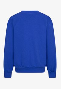 Niebieski sweatshirt z okrągłym dekoltem, ściągaczami przy rękawach i u dołu. Miękka tkanina o gładkiej fakturze, w jednolitym kolorze, bez wzorów.