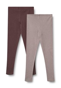 Zwei Paar Leggings: eine in Dunkelbraun und eine in Hellbeige, beide aus geripptem Stoff mit tailliertem Design und knöchellanger Schnittführung.