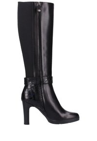 Botas de tacón alto negras con un acabado de cuero elegante, caña alta y un acento en relieve de cocodrilo en el tobillo con cremallera lateral.