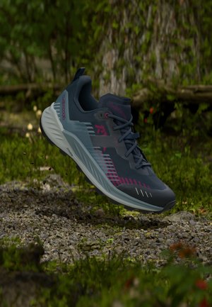 Dunkelgrauer und pinker Trailrunning-Schuh, der über einem Kiesweg mit grünem Wald im Hintergrund schwebt.