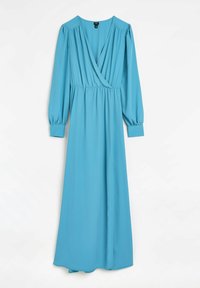 Dlouhé šaty s výstřihem do V v jasně modré barvě. Mají dlouhé rukávy s volánky a elastický pas. Hladká textura s splývavým střihem.