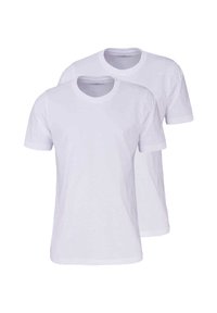 To hvide kortærmede bomulds-t-shirts med rund halsudskæring, der har en glat tekstur og ingen synlige mønstre eller detaljer.