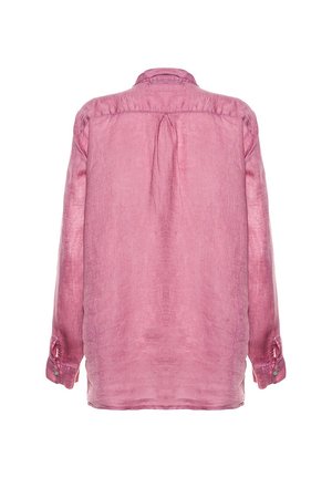 Camicia a maniche lunghe rosa in lino, caratterizzata da una piega sul retro, polsini con bottoni e un orlo arrotondato. Tessuto liscio con un aspetto leggero.