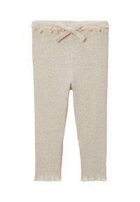 Leggings beige côtelés avec une taille froncée et un nœud décoratif à l'avant. Texture douce, coupe slim et longueur cheville.